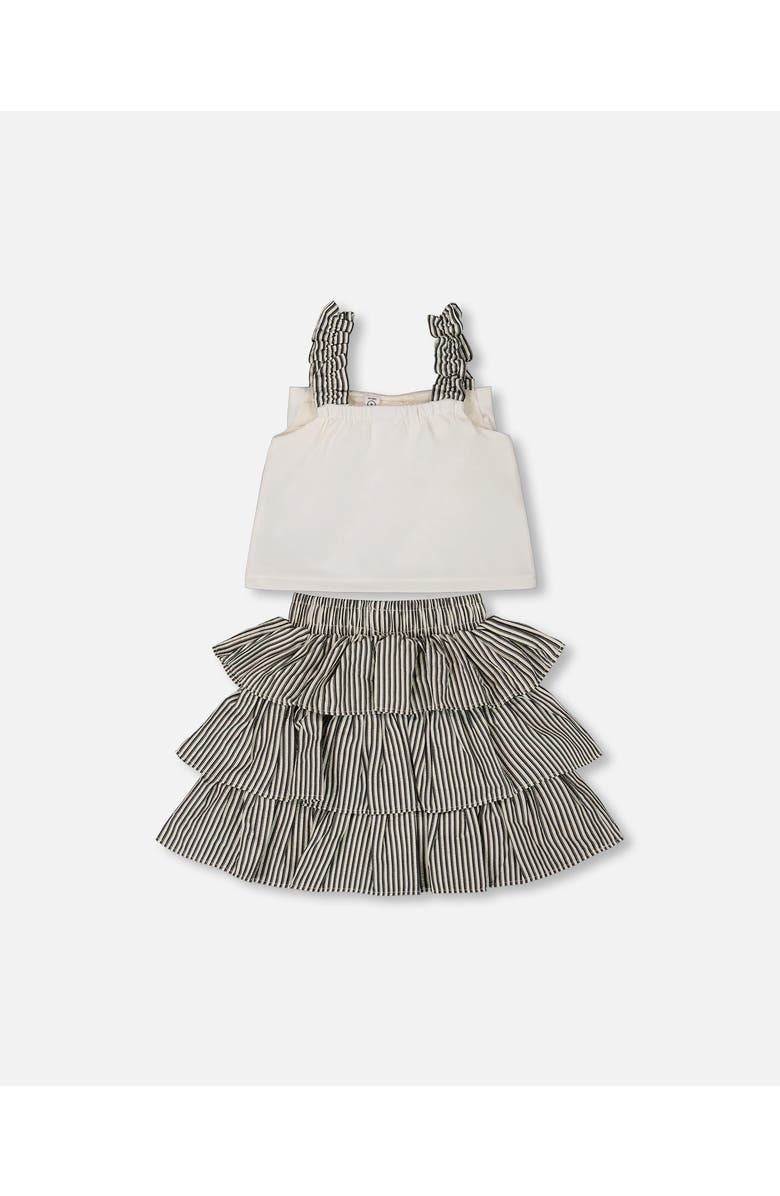 Deux par Deux Little Girl's Bow Top And Ruffled Skirt Set White And Black Striped, Alternate, color, 
