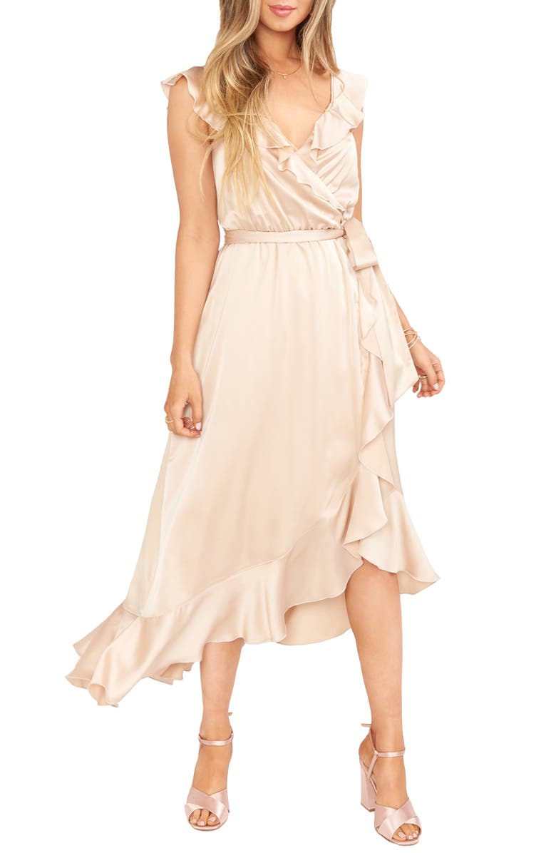 Show Me Your Mumu Samantha Ruffle Satin High/Low Faux Wrap Dress, Main, color, 