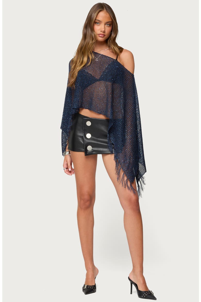 Sequin Fringe Knit Poncho, Alternate, color, NAVY