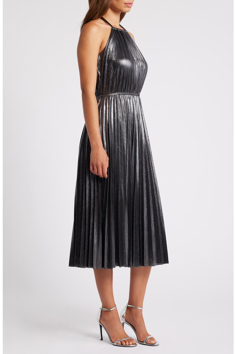 Metallic Pleated Cocktail Dress, Alternate, color, GUNMETAL