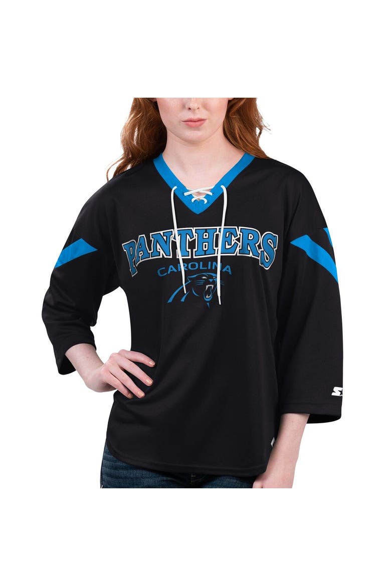 Women's Starter Black Carolina Panthers Rally Lace-Up 3/4 Sleeve T-Shirt, Main, color, Black
