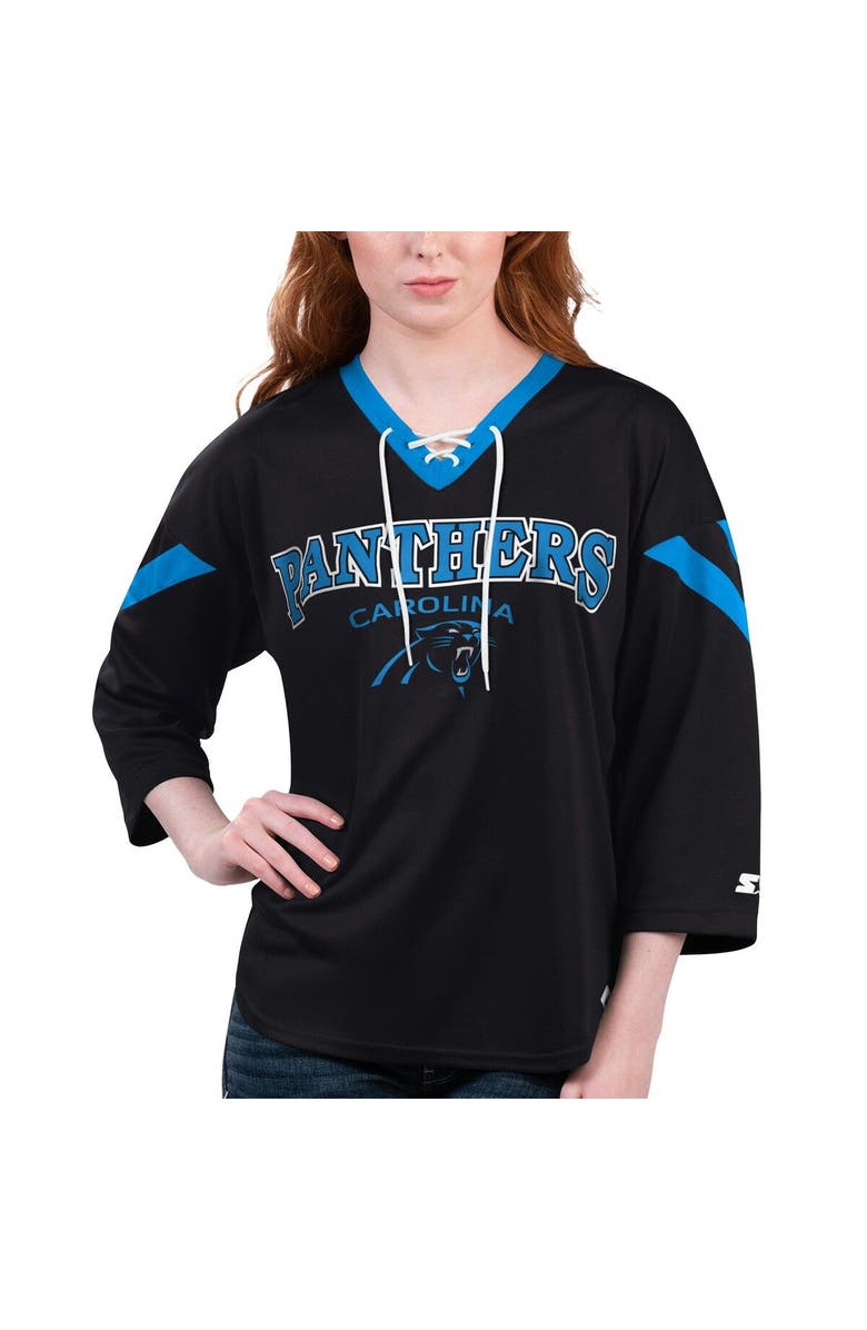 STARTER Women's Starter Black Carolina Panthers Rally Lace-Up 3/4 Sleeve T-Shirt, Main, color, Black
