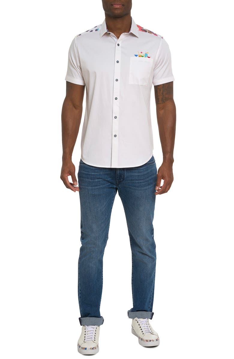 Robert Graham Splashdown Cocktail Print Short Sleeve Stretch Cotton Button-Up Shirt, Alternate, color, 