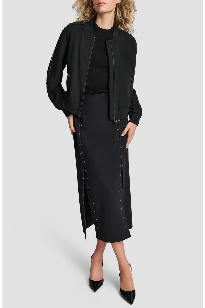 Grommet Trim Scuba Crepe Bomber Jacket, Alternate, color, BLACK