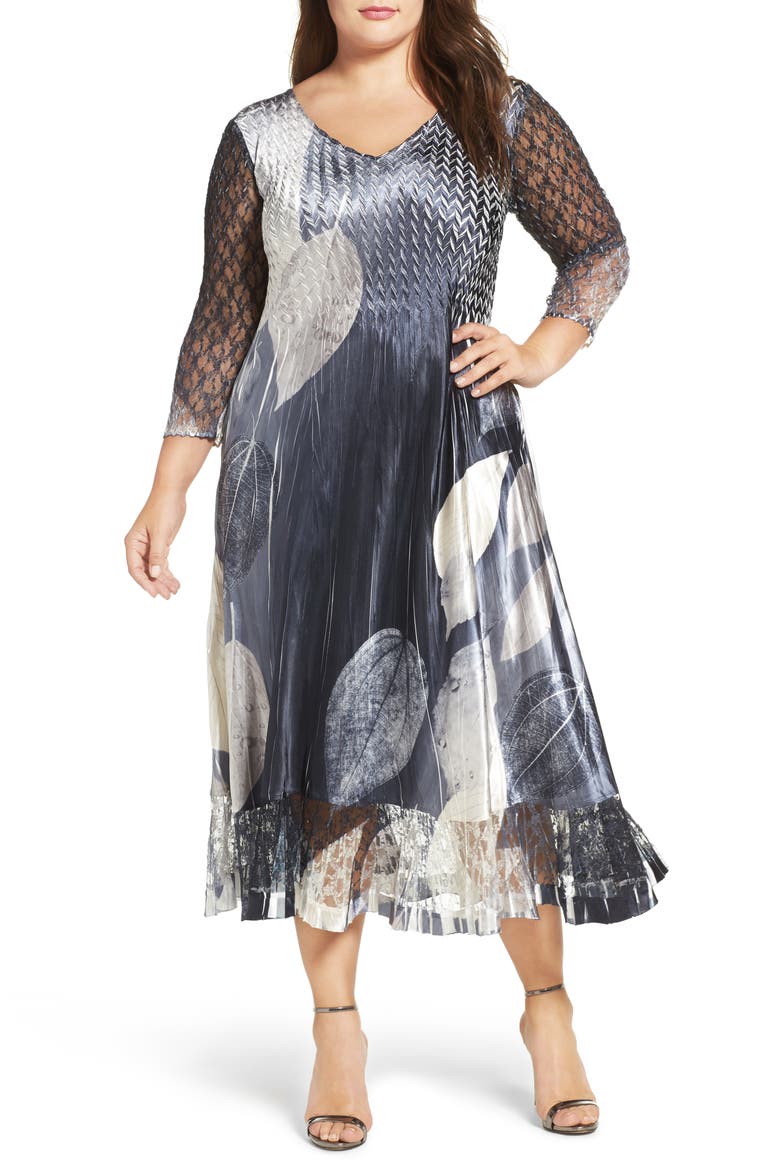 Mixed Media Midi Dress, Main, color, BLACK MONEY LEAVES