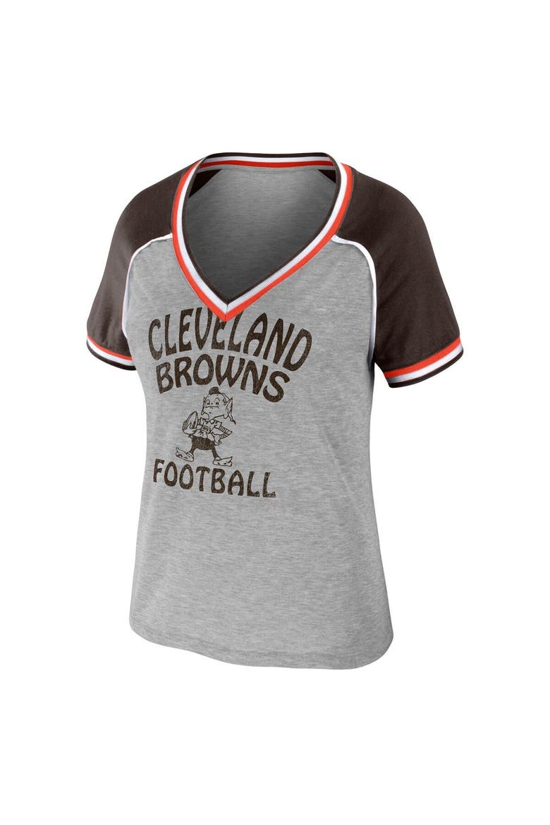Women's WEAR by Erin Andrews Heather Gray Cleveland Browns Cropped Raglan Throwback V-Neck T-Shirt, Alternate, color, Heather Gray