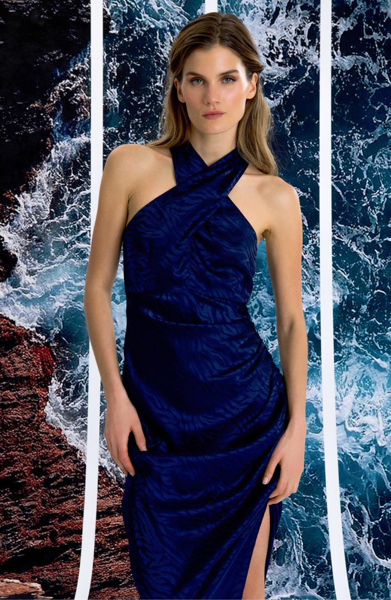 Donna Morgan Crossover Halter Neck Ruched Cocktail Dress, Alternate, color,