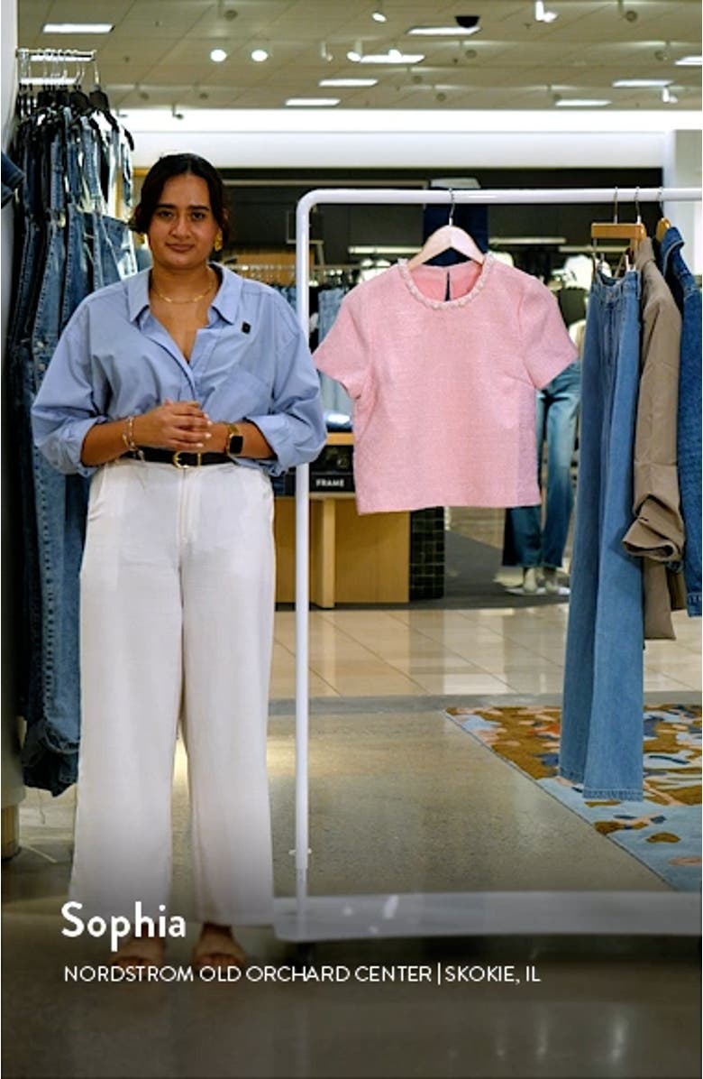 Imitation Pearl Trim Short Sleeve Tweed Top, sales video thumbnail