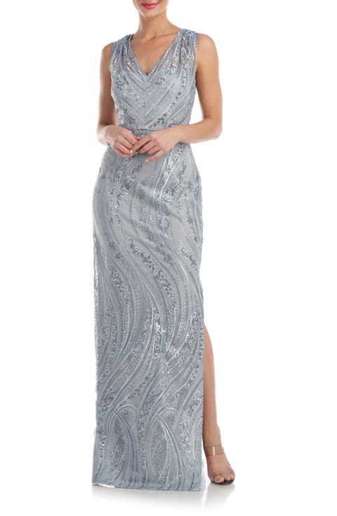 Rosalynn Embroidered Floral V-Neck Column Gown
