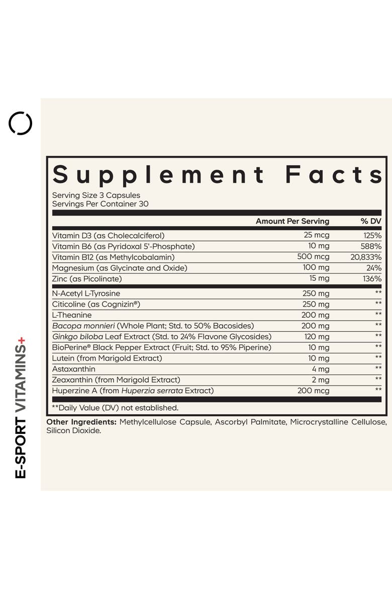 E-Sport Vitamins Citicoline Cognizin, Bacopa Monnieri, L-Theanine, Ginkgo, Lutein, Alternate, color, White