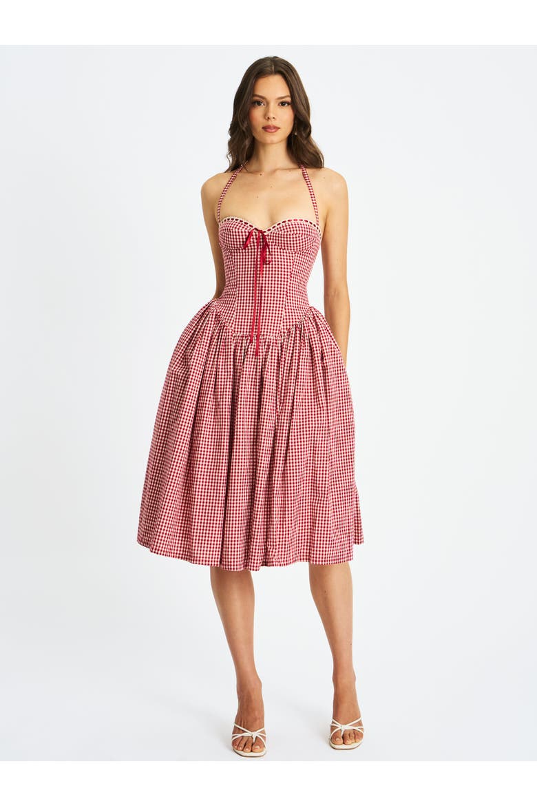 Susanna Gingham Halter Drop Waist Midi Dress, Alternate, color, Red and white cotton gingham