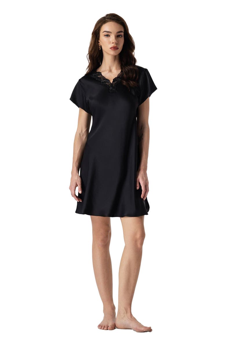 SILKSILKY Silk Lace Neckline Split Hem Nightgown, Main, color, Black