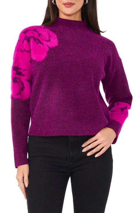 Placed Floral Jacquard Funnel Neck Sweater