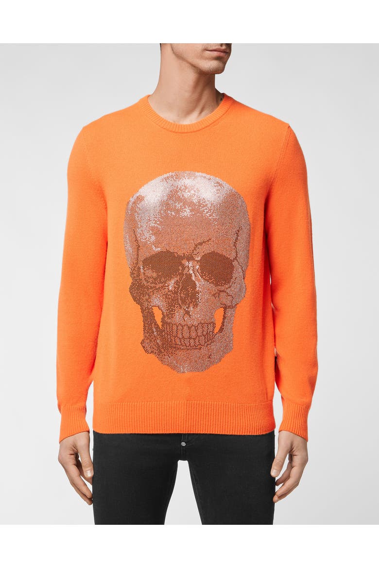 Cashmere Pullover Round Neck Ls Iconic Plein With Crystals Men, Main, color, orange