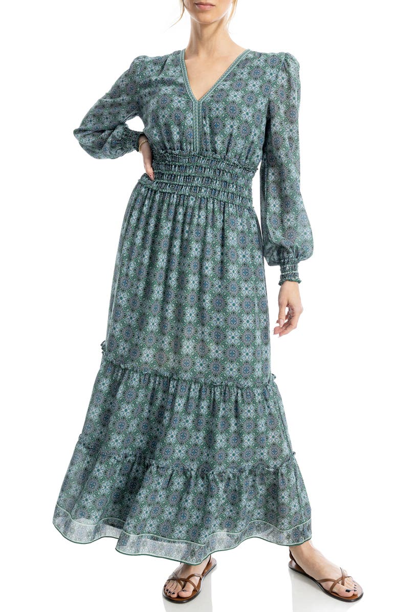 MAX STUDIO Long Sleeve Tiered Maxi Dress, Main, color, Dark Green Medallion