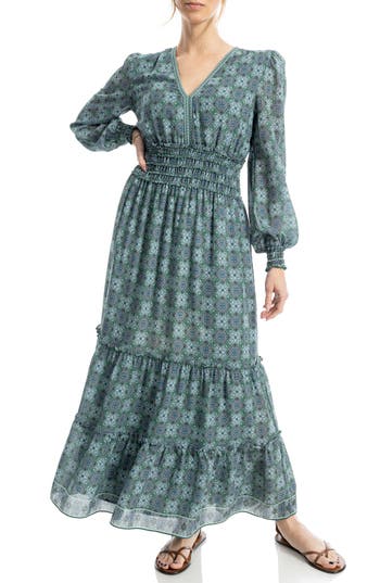 Max Studio Long Sleeve Tiered Maxi Dress In Multi