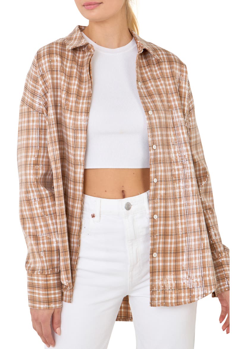 Plaid Sequin Button-Up Shirt, Main, color, TAN