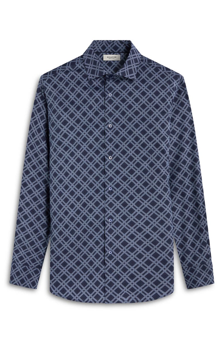Bugatchi Axel Trim Fit Geo Print Stretch Cotton Button-Up Shirt, Alternate, color, Navy