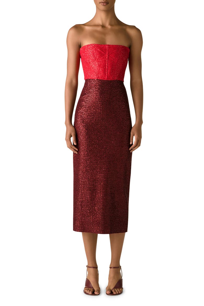 Strapless Colorblock Sequin Midi Dress, Main, color, RED/ BURGUNDY