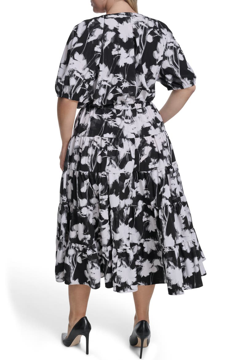 Floral Elbow-Length Sleeve A-Line Midi Dress, Alternate, color, BLACK/ WHITE
