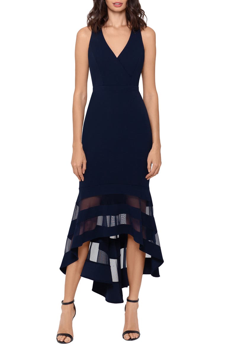 Xscape High/Low Flounce Midi Dress, Main, color, NAVY