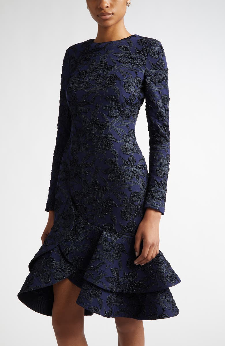 Oscar de la Renta Metallic Orchid Jacquard Long Sleeve Dress, Alternate, color, Midnight