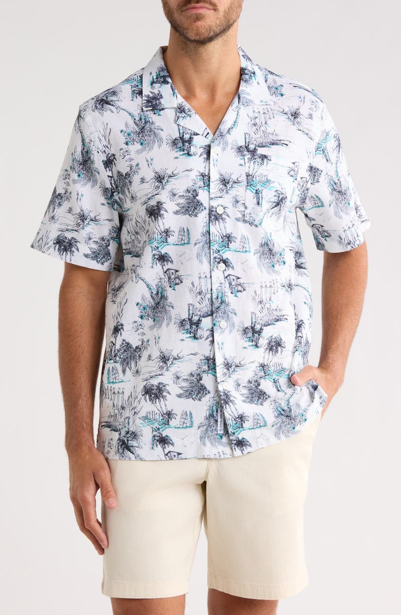 Original Penguin Beach Print Linen & Cotton Blend Camp Shirt, Main, color, Bright White
