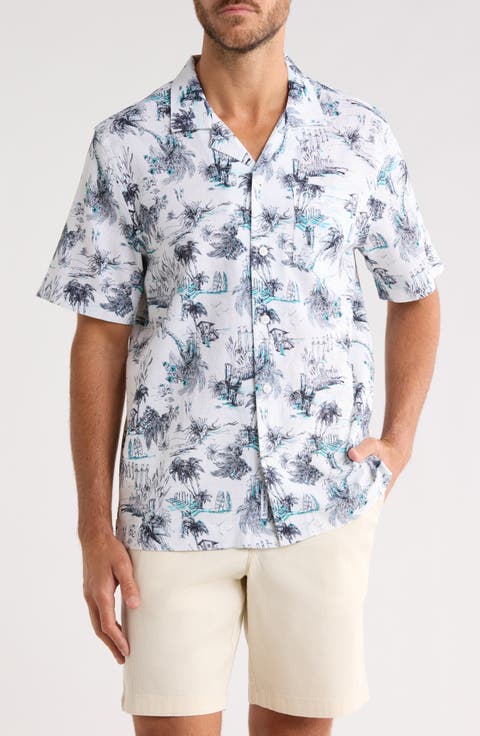 Beach Print Linen & Cotton Blend Camp Shirt