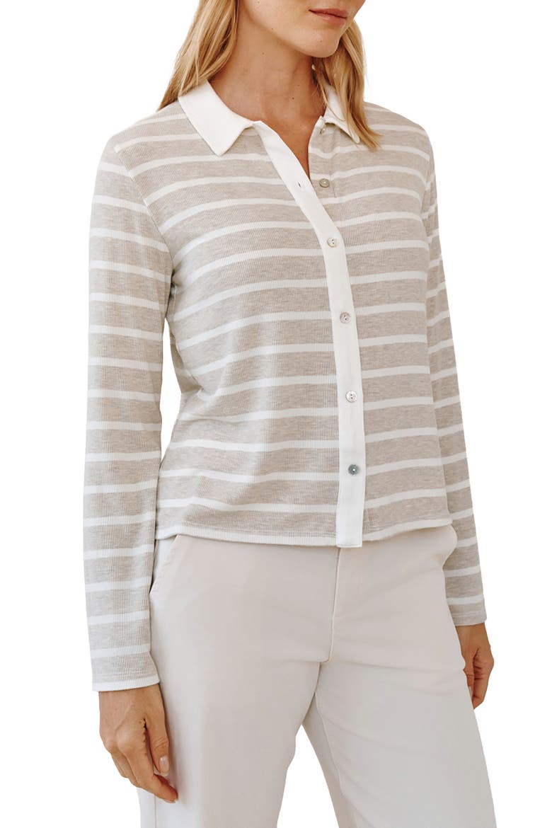 Stripe Contrast Placket Knit Button-Up Shirt, Alternate, color, SAND STRIPE