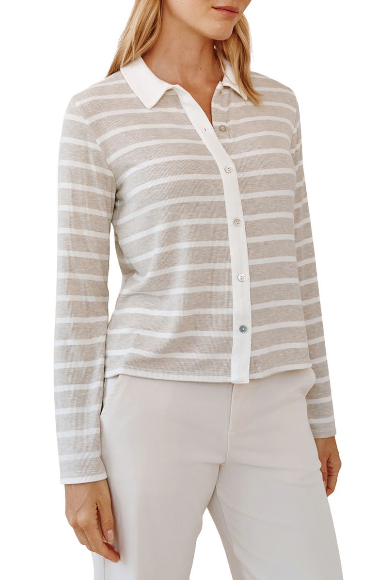 Bella Dahl Stripe Contrast Placket Knit Button-Up Shirt, Alternate, color, Sand Stripe