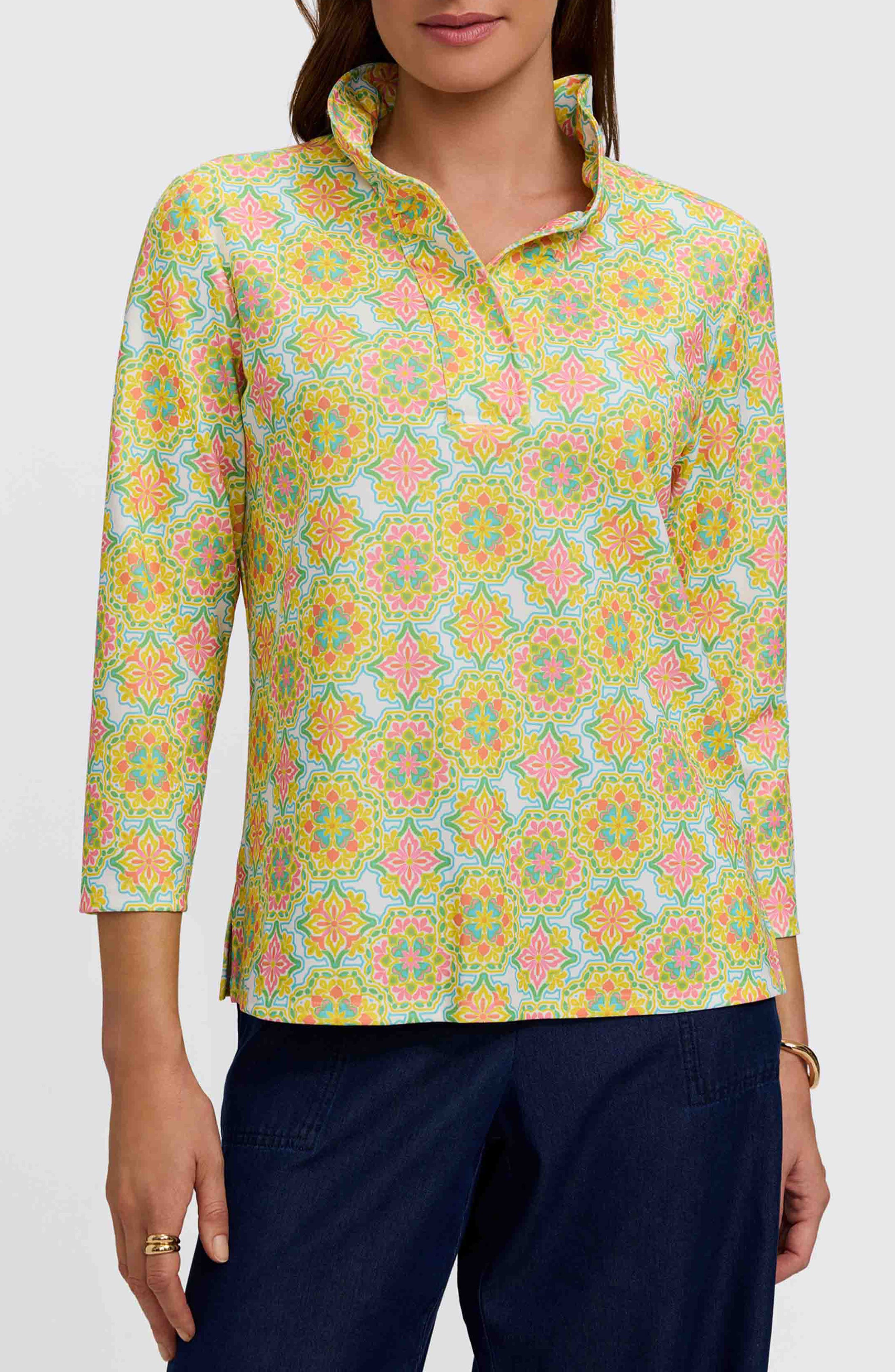 Tammy Tile Print Ruffle Collar Top