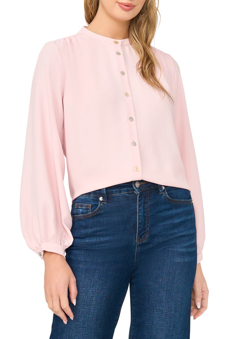 Shirred Mock Neck Button-Up Shirt, Main, color, PINK CLOUD