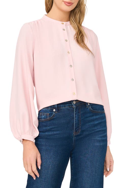 Shirred Mock Neck Button-Up Shirt