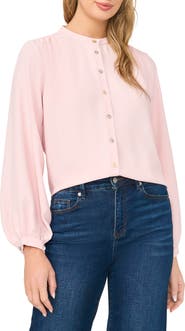 Halogen® Shirred Mock Neck Button-Up Shirt
