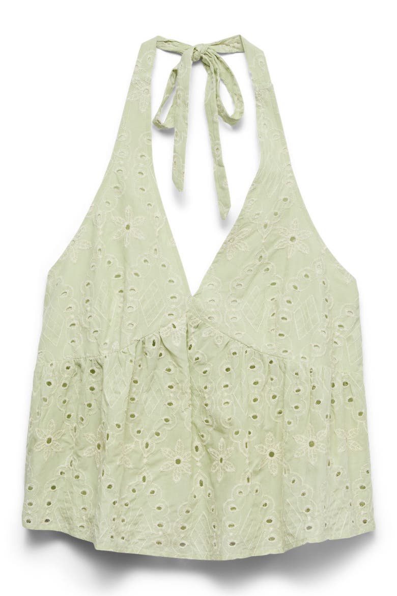Embroidered Eyelet Halter Neck Babydoll Top, Alternate, color, FOG GREEN DETAIL SNOW WHITE EM