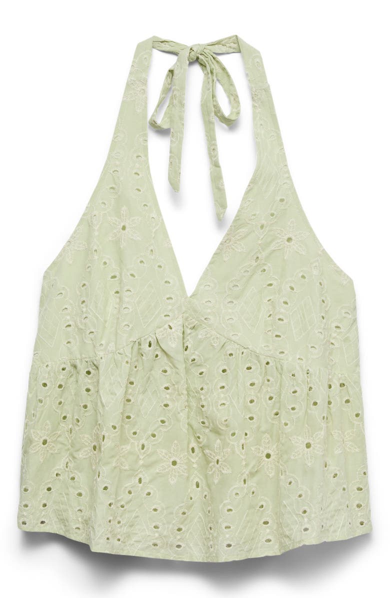VERO MODA Embroidered Eyelet Halter Neck Babydoll Top, Alternate, color, Fog Green Detail Snow White Em