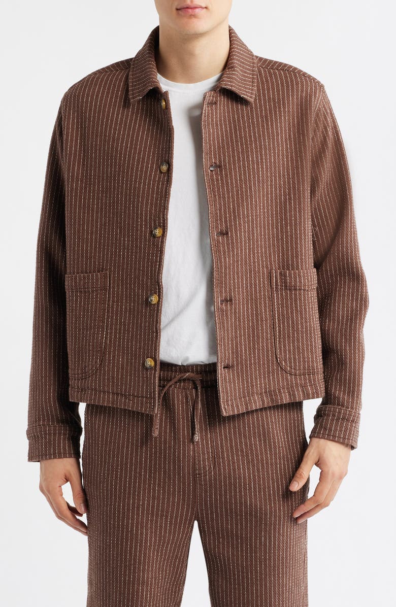 Percival Sorrento Pinstripe Cotton & Linen Button-Up Overshirt, Main, color, Brown