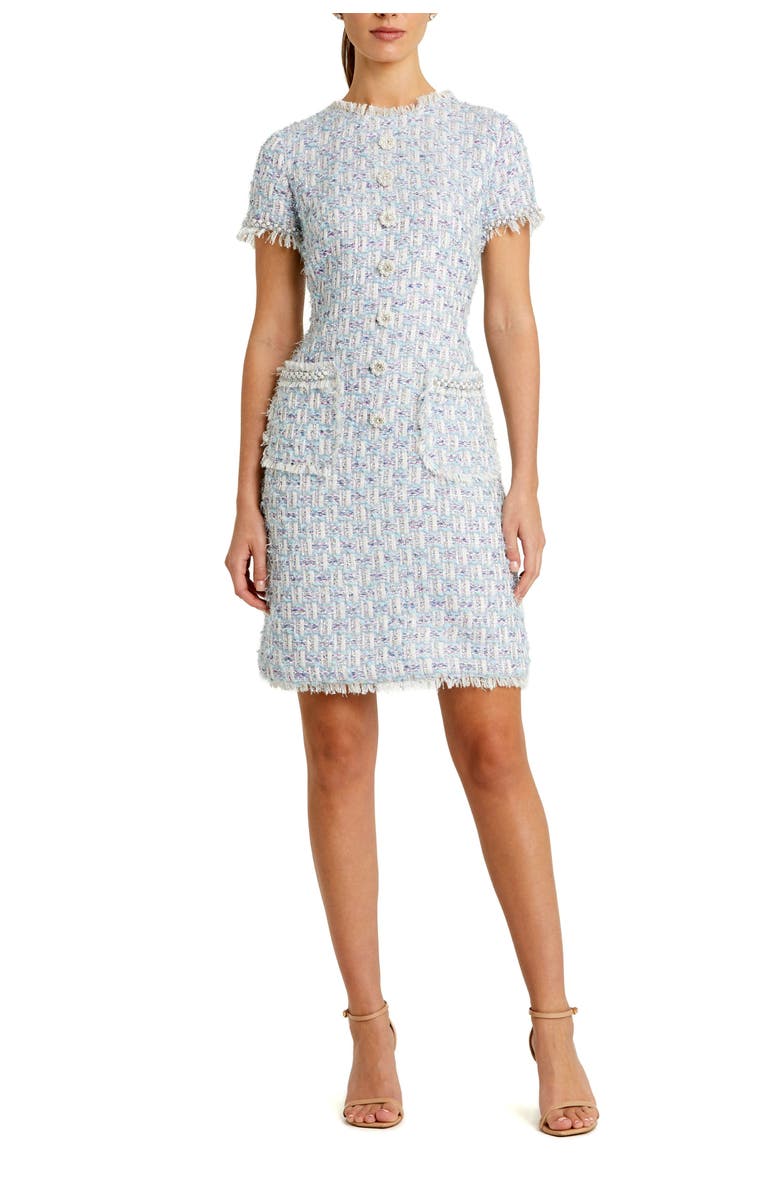 Mac Duggal Floral Buttons and Pearl Detailing Boucle Shift Dress, Main, color, Blue Multi