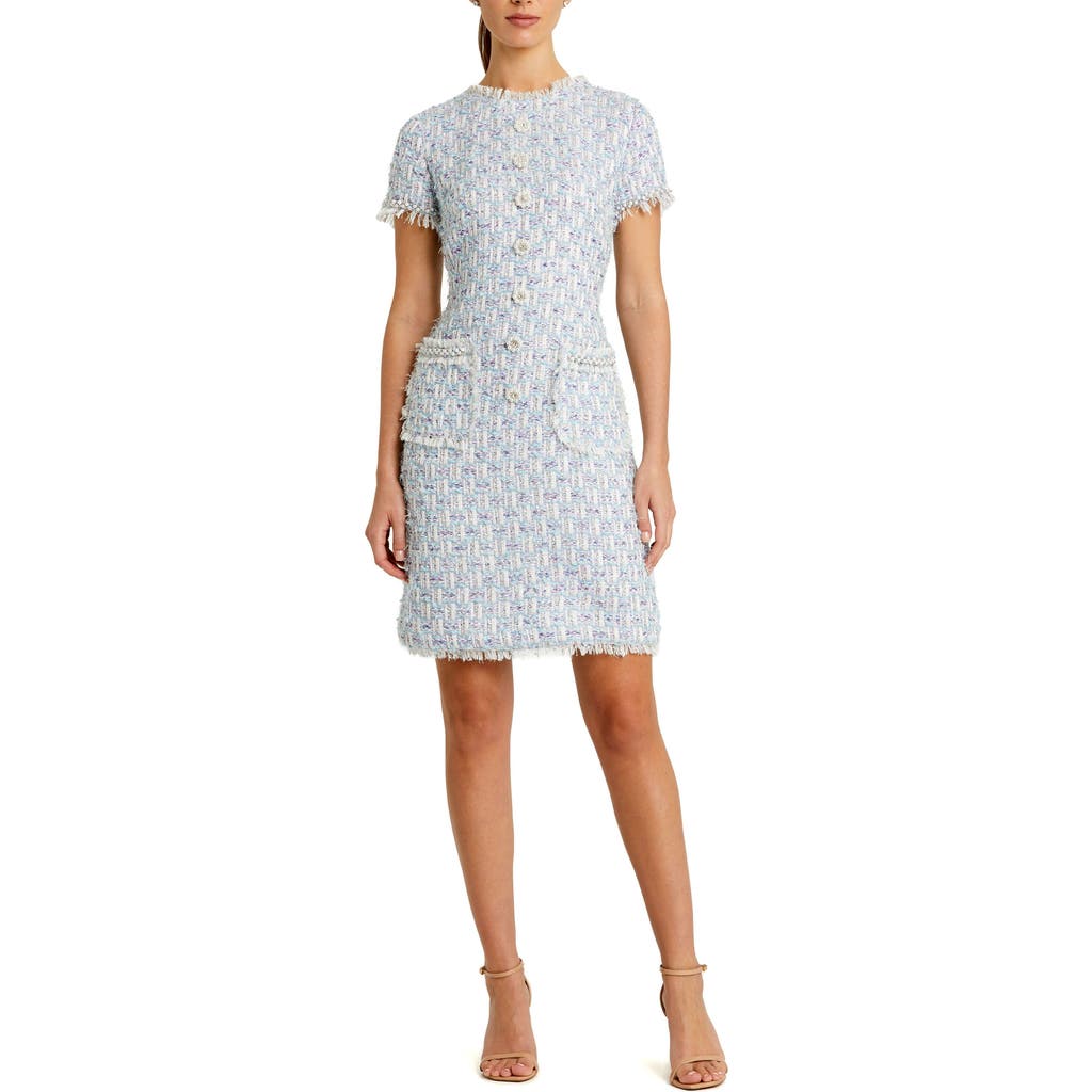 Mac Duggal Crystal Floral Button Detail Tweed Minidress In Blue Multi