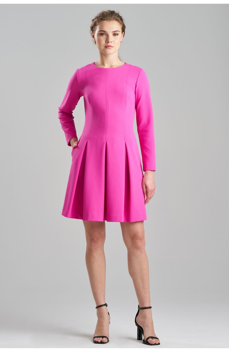 Natori Scuba Crepe L/S Pleated Dress, Main, color, Rose Pink