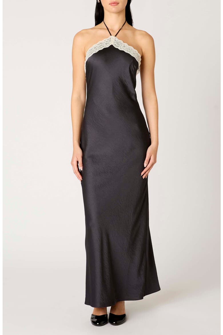 Vesper Lace Satin Halter Maxi Dress, Main, color, SOOT