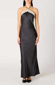 Nia Vesper Lace Satin Halter Maxi Dress
