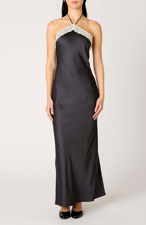 Nia Vesper Lace Satin Halter Maxi Dress In Black