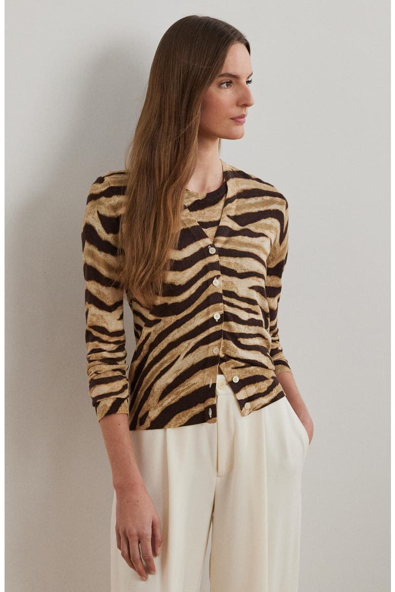 Zebra Stripe Linen & Cotton Cardigan, Alternate, color, MASCARPONE CREAM/ BROWN