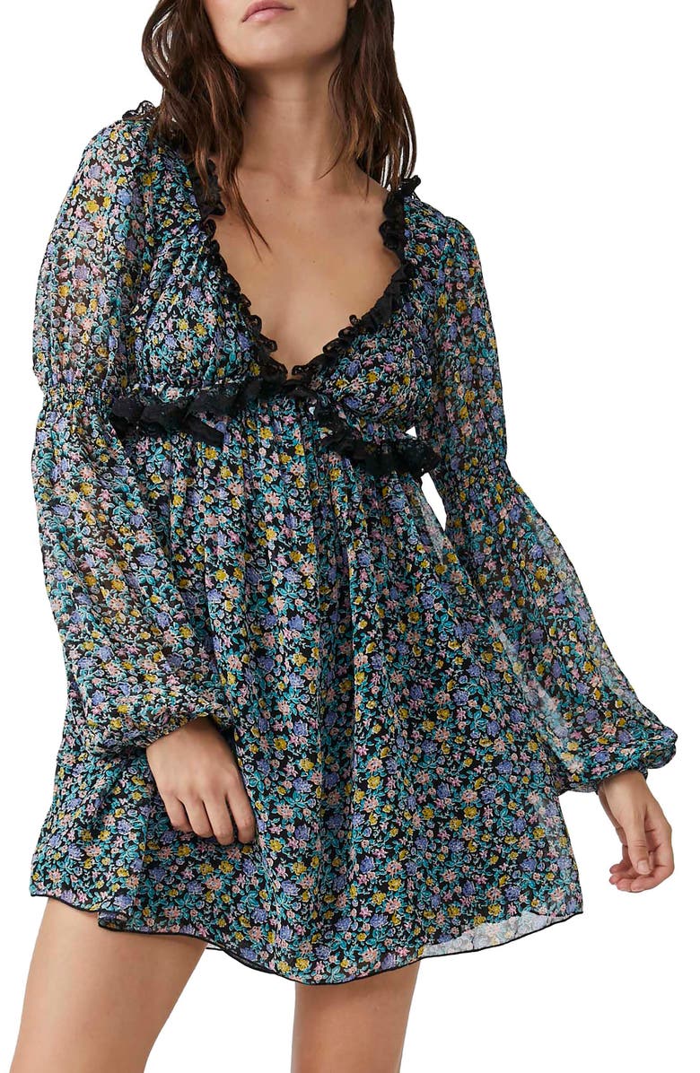 Free People Pennie Floral Print Ruffle Long Sleeve Minidress, Main, color,