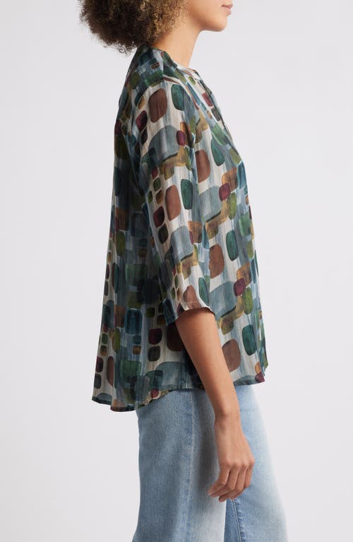 Apny Print Tassel Split Neck Chiffon Top In Blue/white Multi