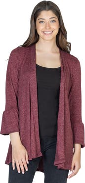 24seven Comfort Apparel Womens Knit Three Quarter Bell Sleeve Open Cardigan
