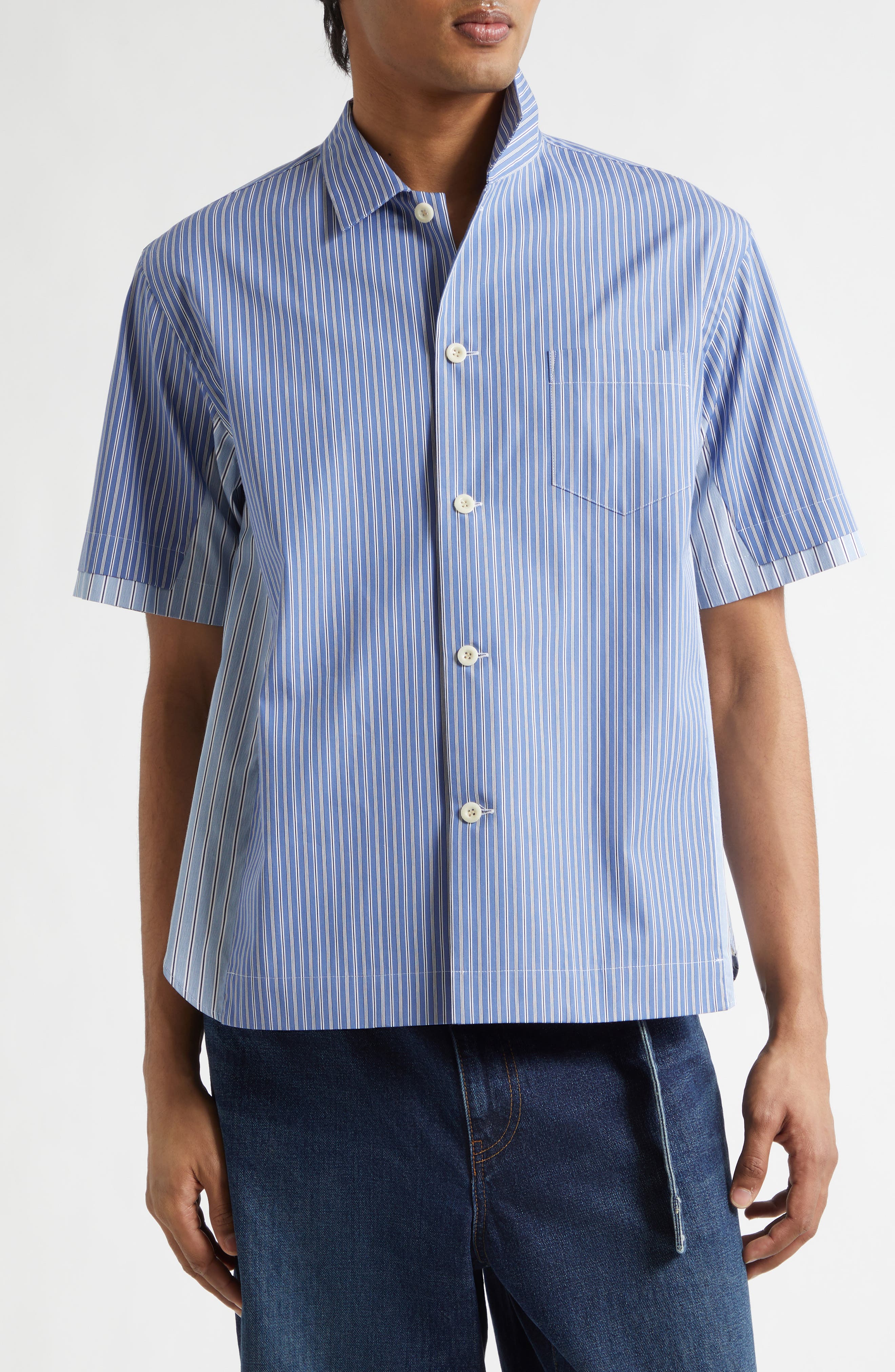 Mixed Stripe Cotton Poplin Button-Up Shirt