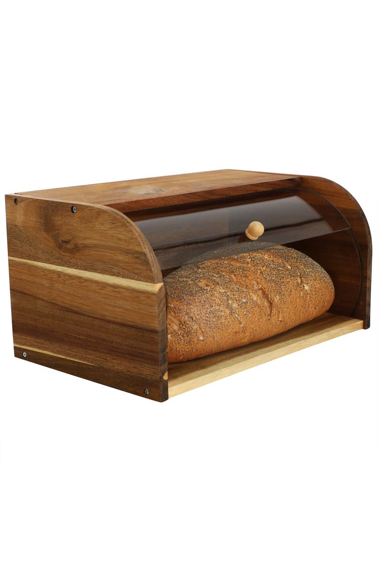 Acacia Wood Bread Box with Sliding Plastic Lid, Main, color, Acacia