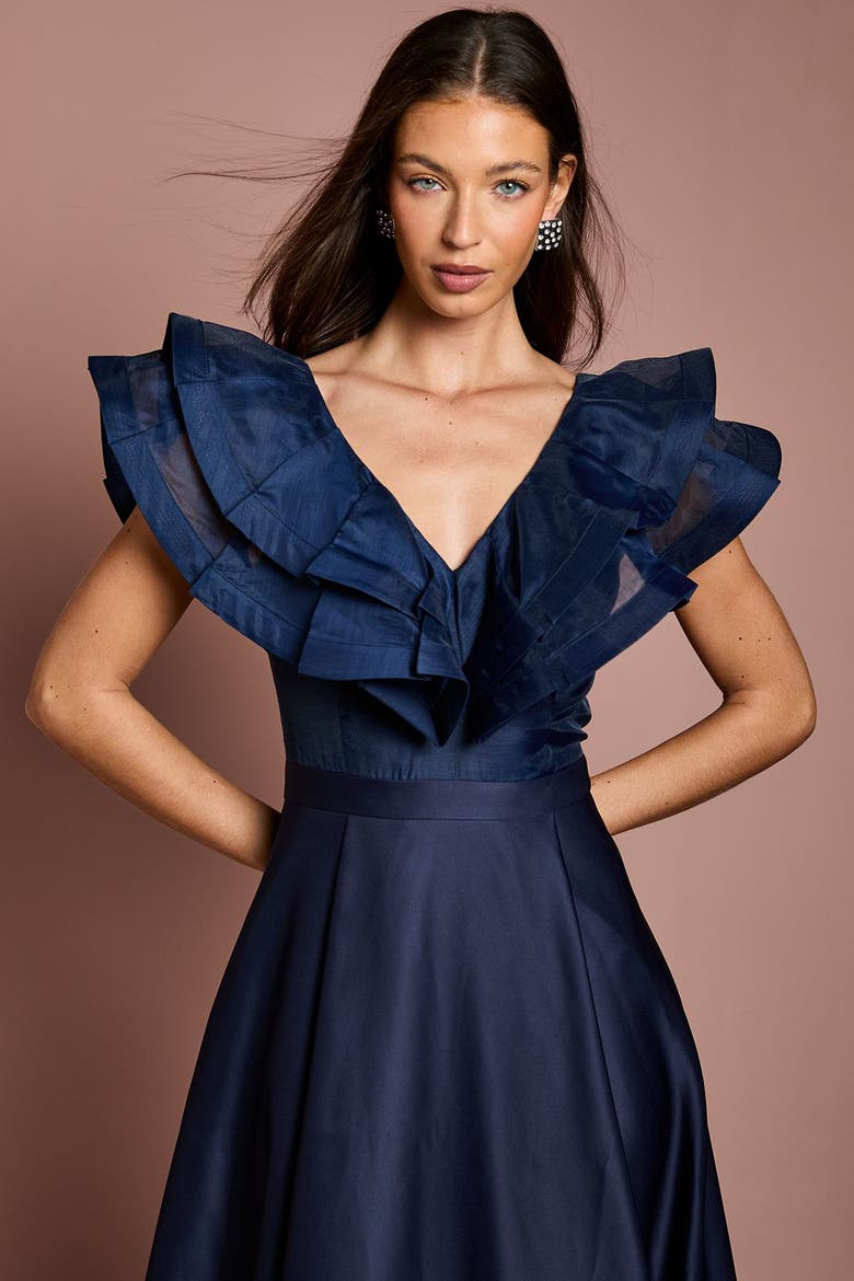Frill Shoulder Midi Dress, Alternate, color, Navy